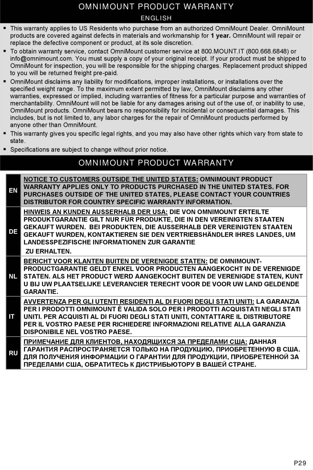 Omnimount 10333, POWER 40 manual Omnimount Product Warranty, English 