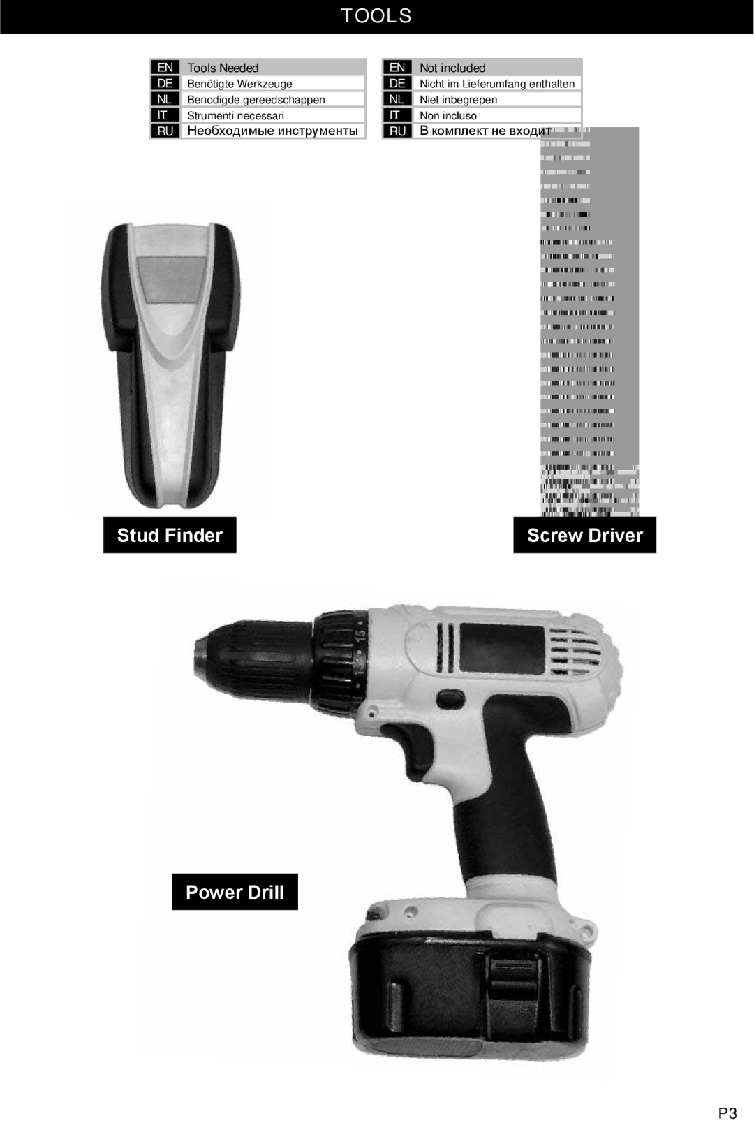 Omnimount 10333, POWER 40 manual Tools, Stud Finder Screw Driver Power Drill 