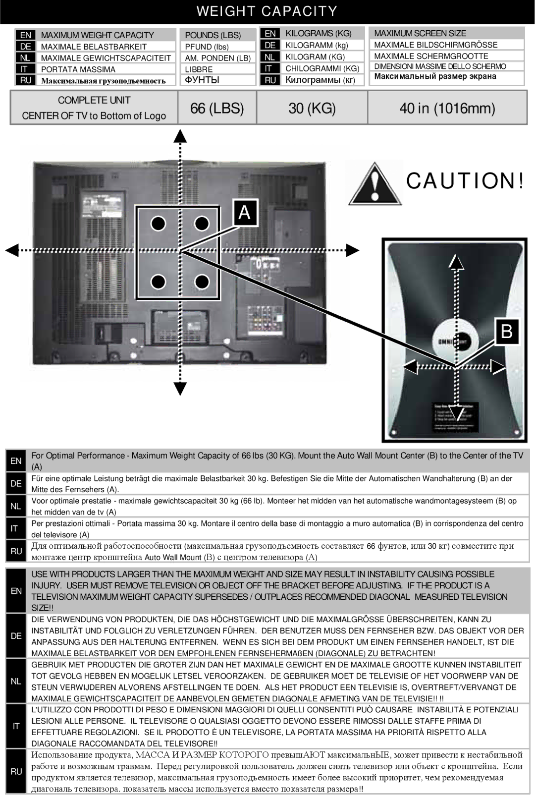 Omnimount POWER 40, 10333 manual Weight Capacity, Pounds LBS, Kilograms KG, Maximum Screen Size 