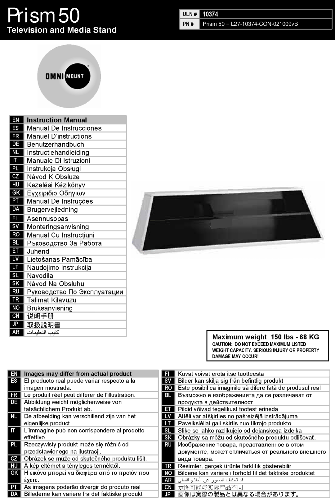 Omnimount Prism 50 manual Television and Media Stand 