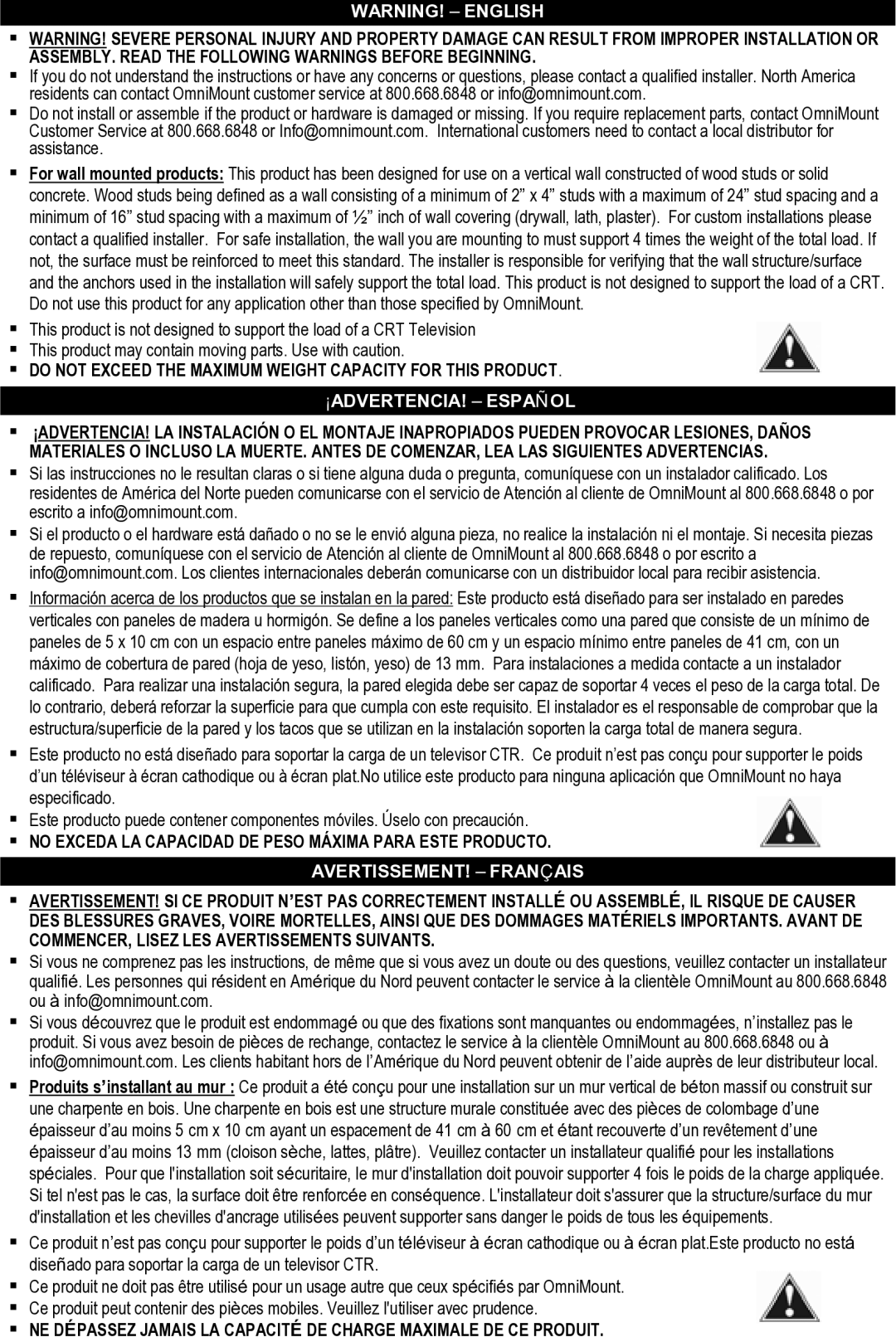 Omnimount QM100-T, OM10012 manual ¡ADVERTENCIA! Español 