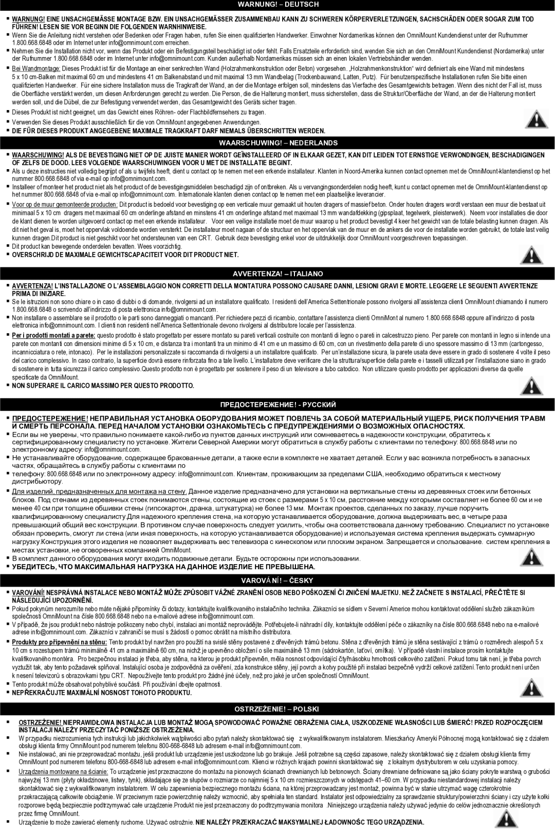 Omnimount OM10012, QM100-T manual WARNUNG! Deutsch, WAARSCHUWING! Nederlands, AVVERTENZA! Italiano, ПРЕДОСТЕРЕЖЕНИЕ! Русский 