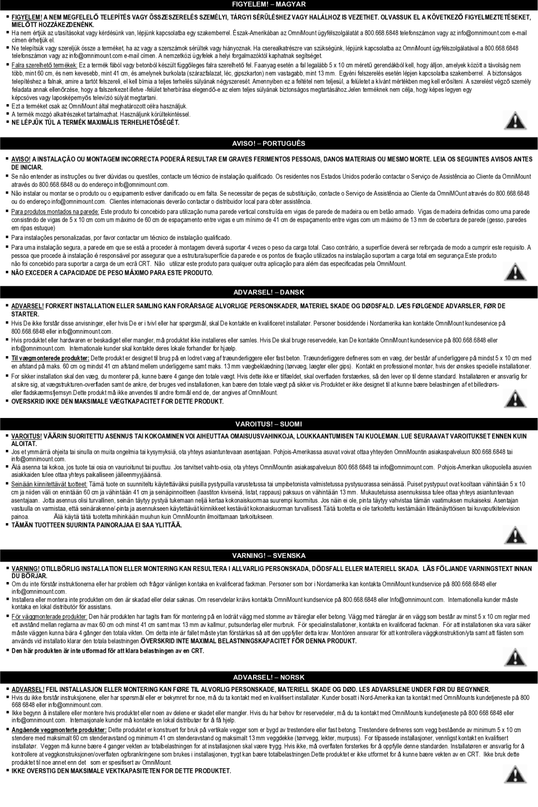 Omnimount QM100-T, OM10012 manual FIGYELEM! Magyar, AVISO! Português, VAROITUS! Suomi, VARNING! Svenska 