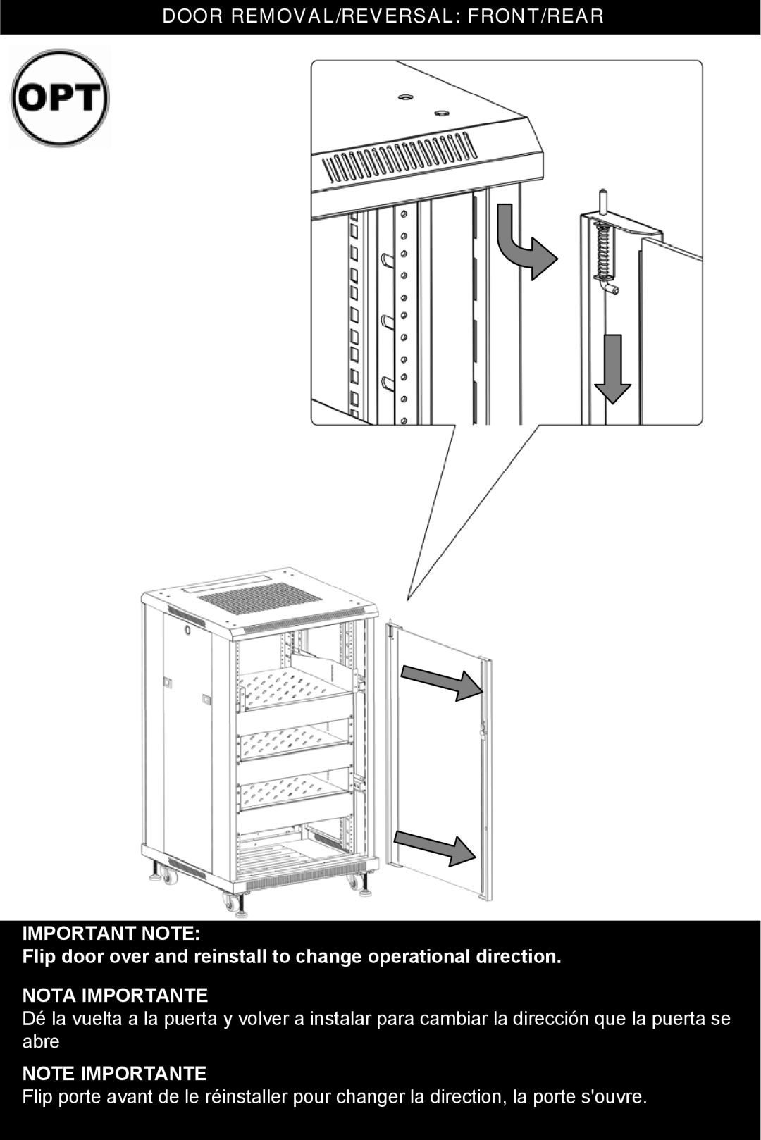 Omnimount RE27, RE18, OM1100299, OM1100298 instruction manual Door REMOVAL/REVERSAL FRONT/REAR Important Note, Nota Importante 