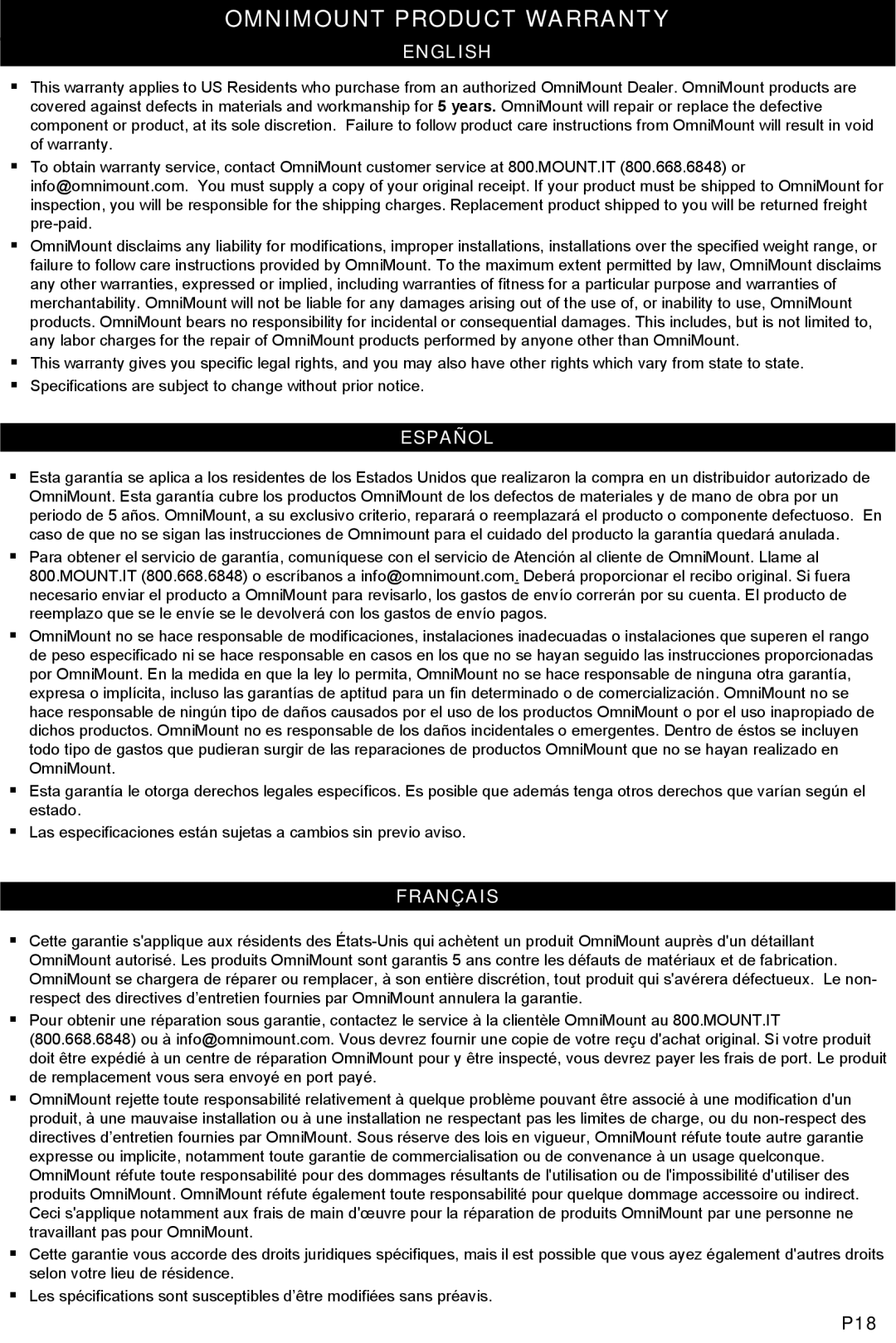 Omnimount OM1100299, RE18, RE27, OM1100298 instruction manual Omnimount Product Warranty, English 