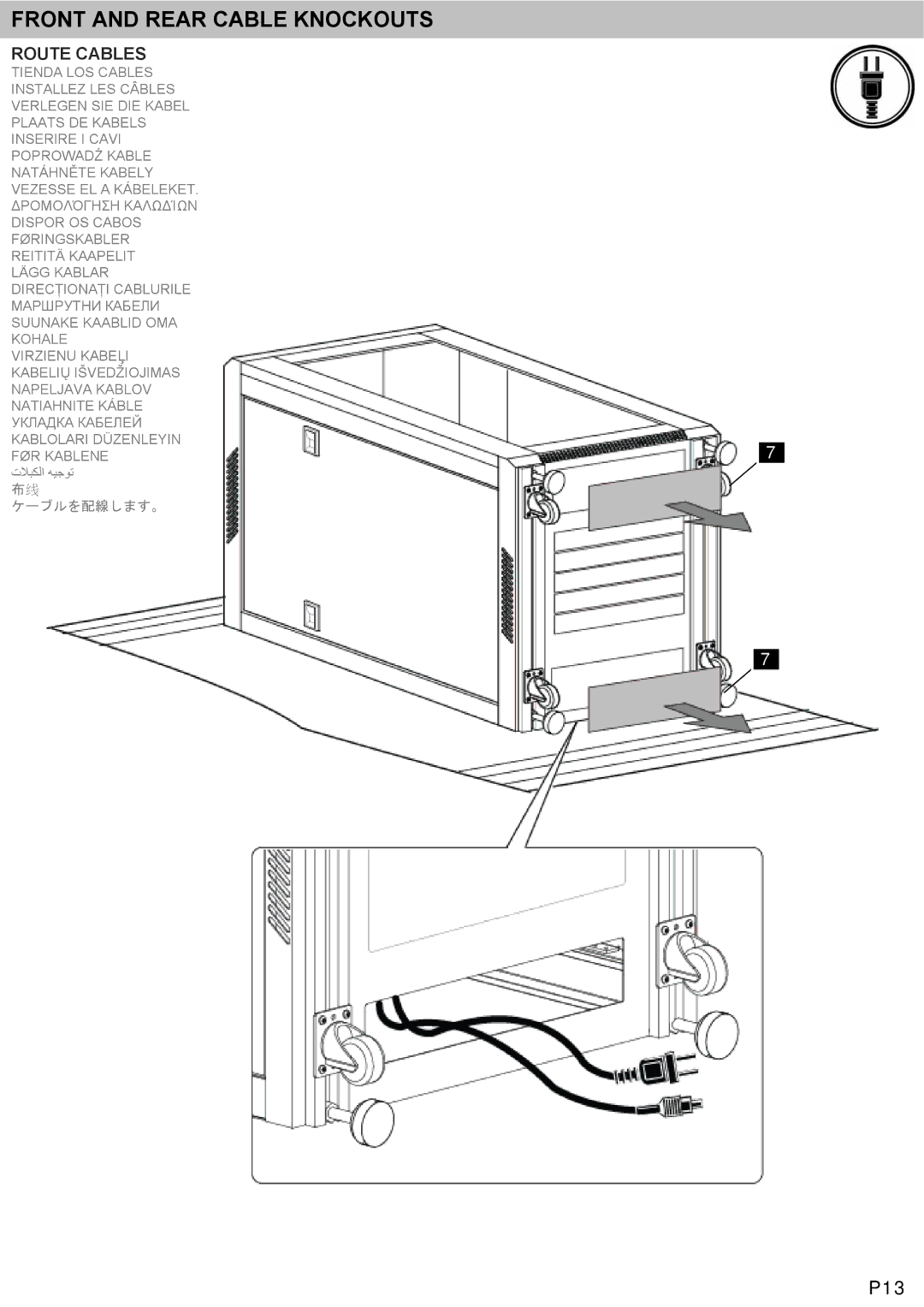 Omnimount RE27B instruction manual Front and Rear Cable Knockouts, Route Cables 