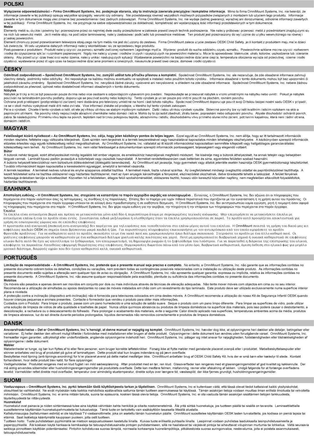 Omnimount RE27B instruction manual Polski, Česky, Magyar, Ελληνικά, Português, Dansk, Suomi 