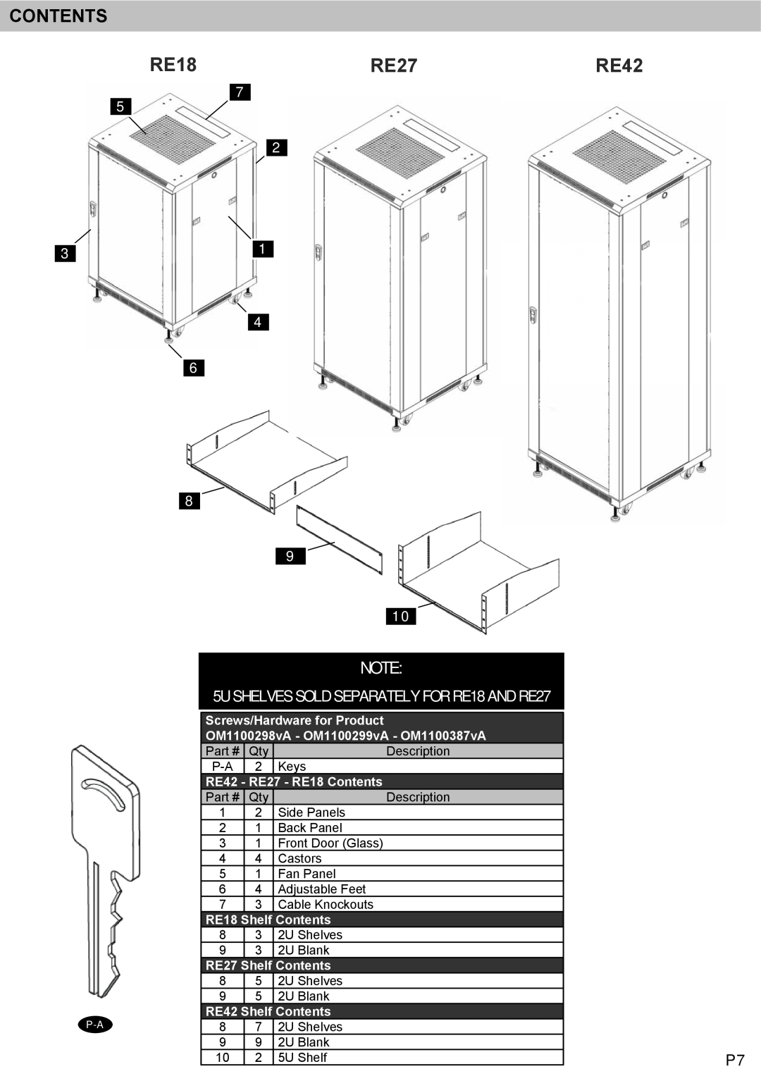 Omnimount RE27B instruction manual RE18RE27, RE42, 5U SHELVES SOLD SEPARATELY FOR RE18 AND RE27, RE27 - RE18 Contents 
