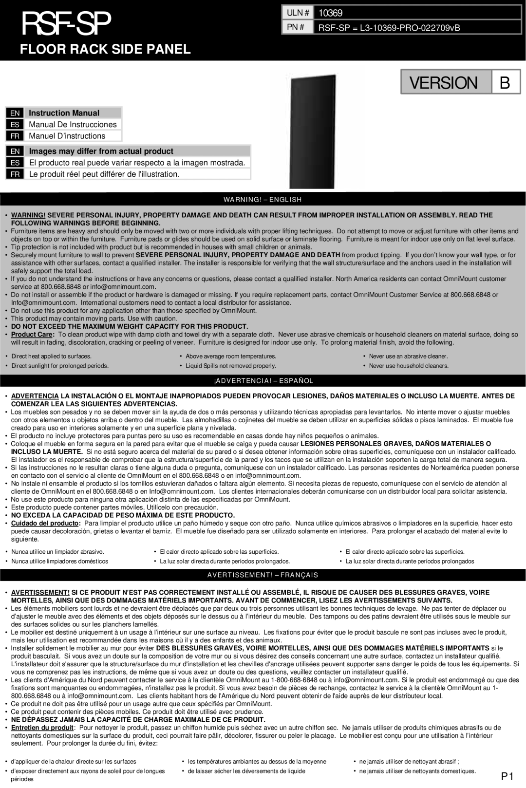 Omnimount 10369, RSF-SP instruction manual Rsf-Sp 