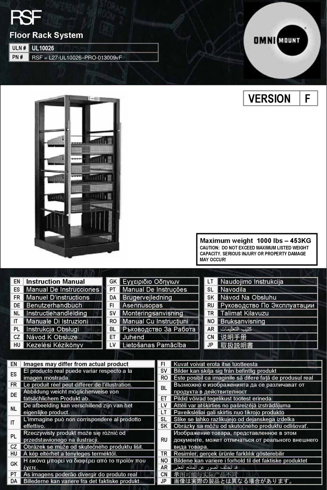 Omnimount RSF instruction manual Rsf, Floor Rack System 