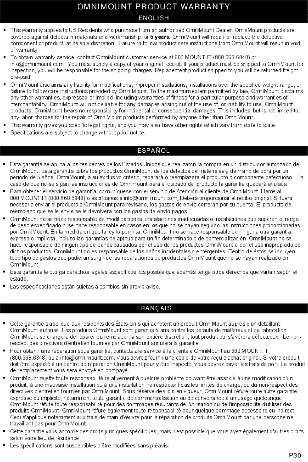 Omnimount RSF instruction manual Omnimount Product Warranty 