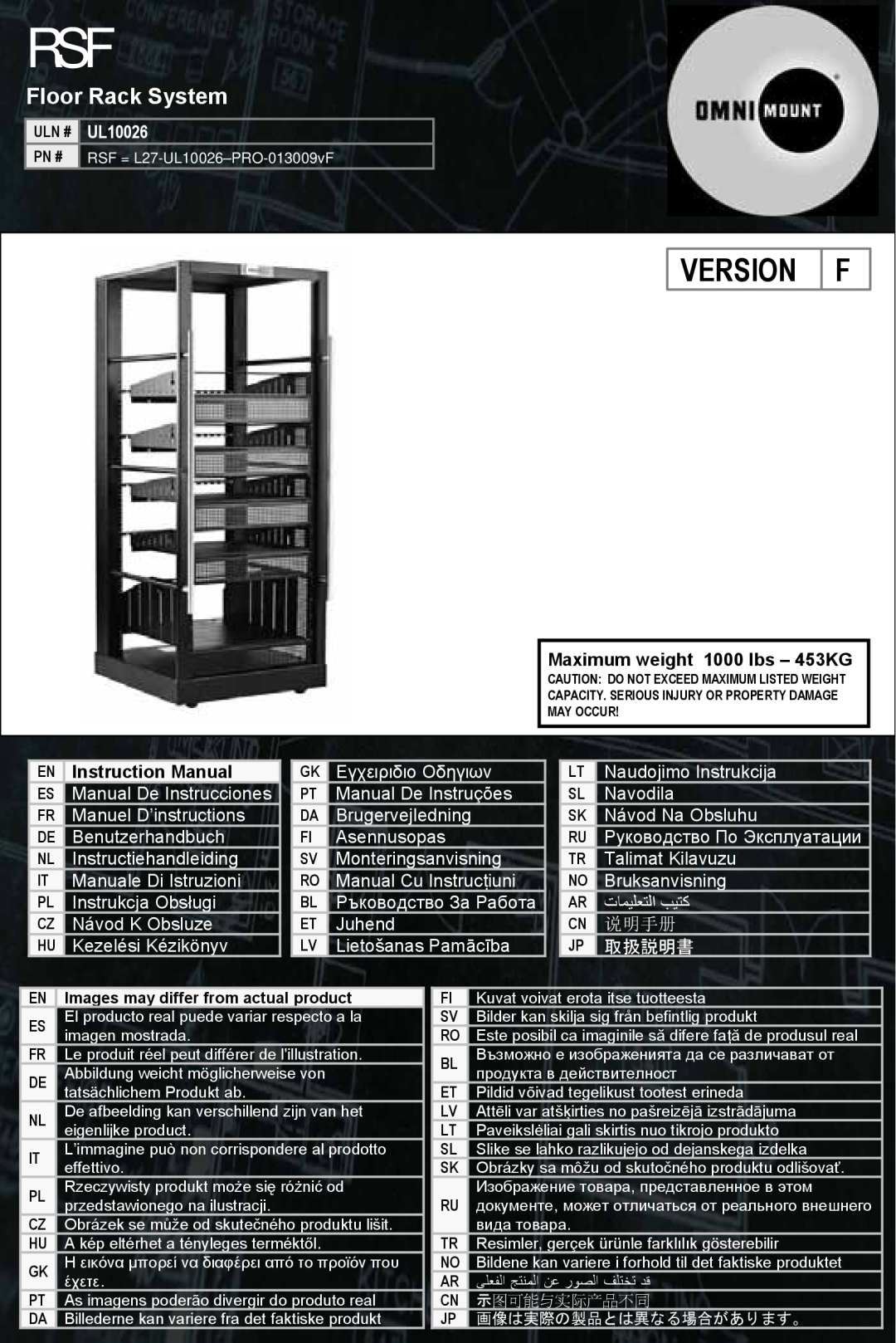 Omnimount RSF instruction manual Floor Rack System, Version, Maximum weight 1000 lbs – 453KG, Instruction Manual, 说明手册 