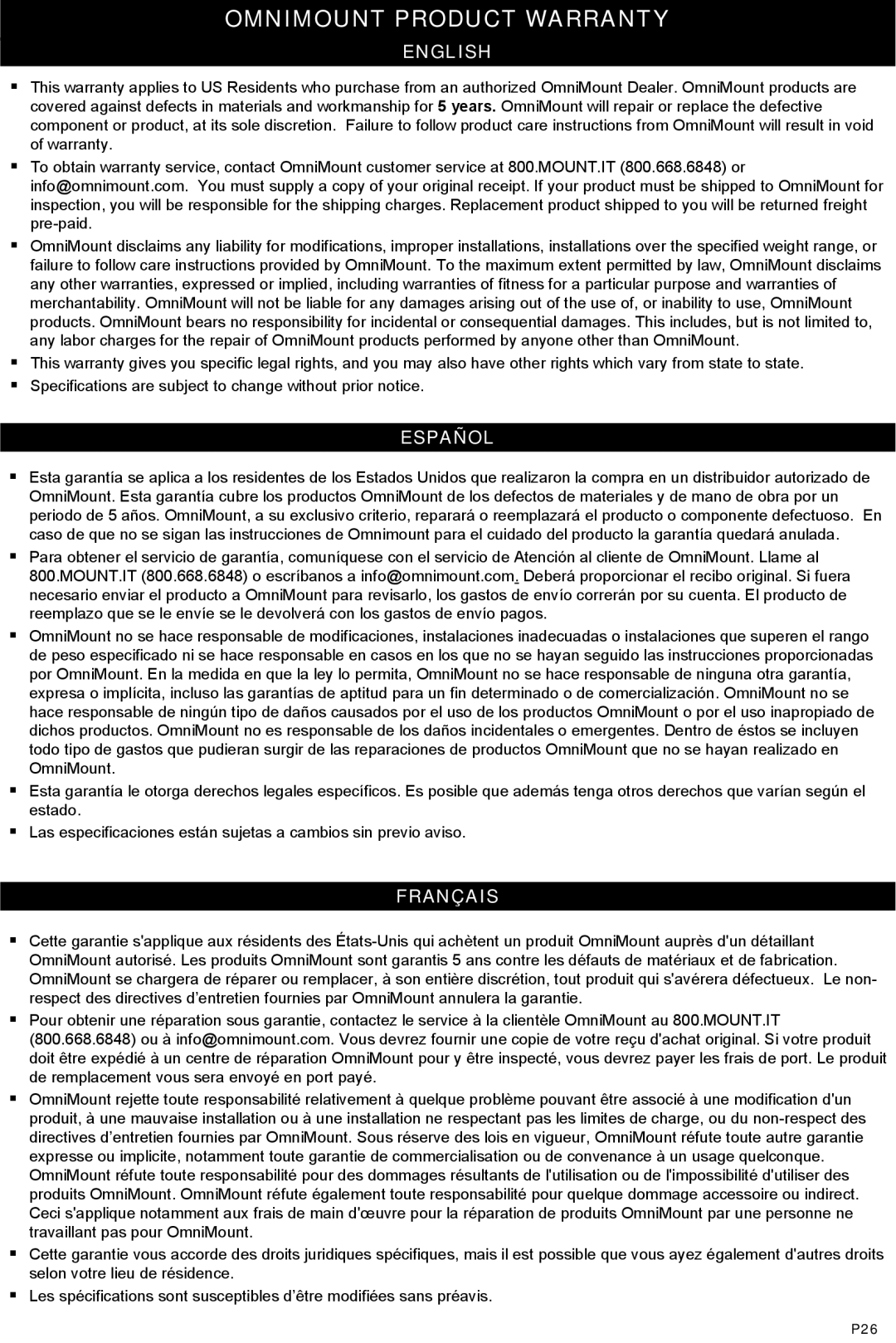 Omnimount RSF.5, UL1100010 instruction manual Omnimount Product Warranty 