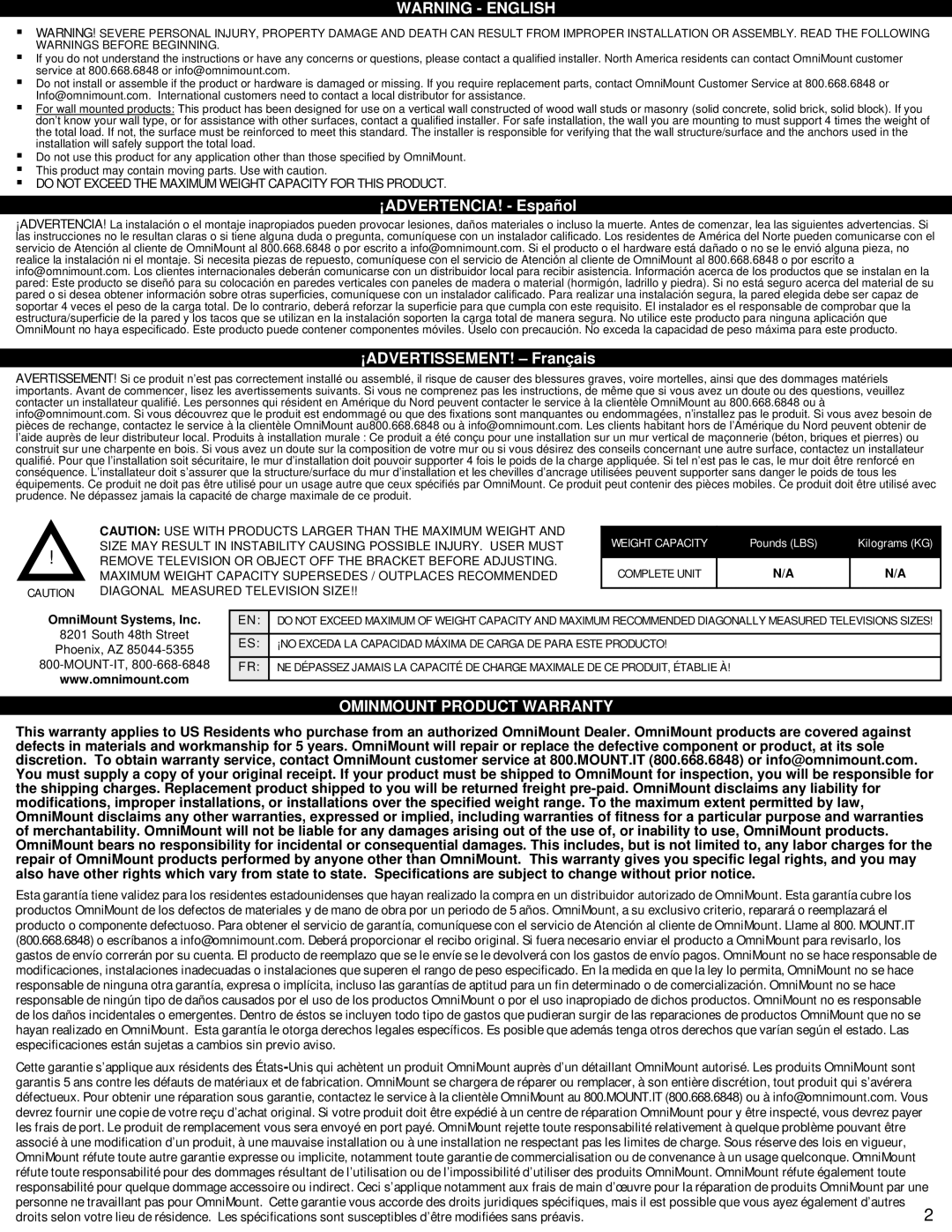 Omnimount RSVB 2U manual ¡ADVERTENCIA! Español, ¡ADVERTISSEMENT! Français, Ominmount Product Warranty, Weight Capacity 