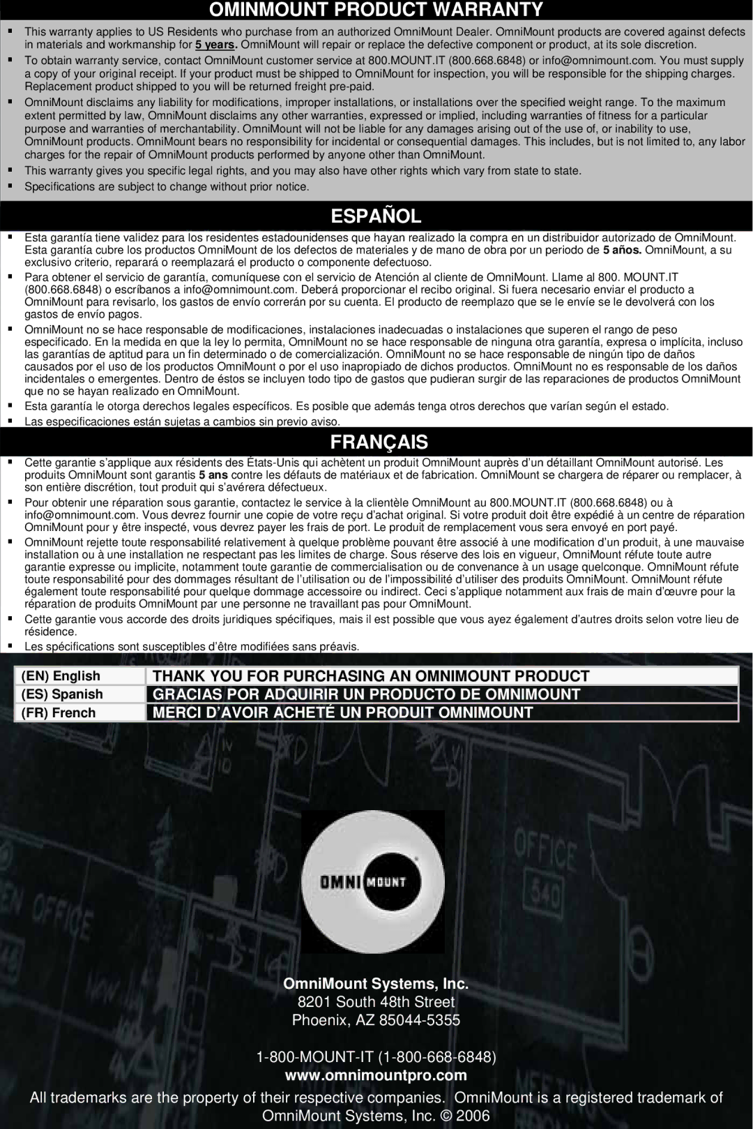 Omnimount RSVS2U manual Ominmount Product Warranty, Español, Français, OmniMount Systems, Inc 