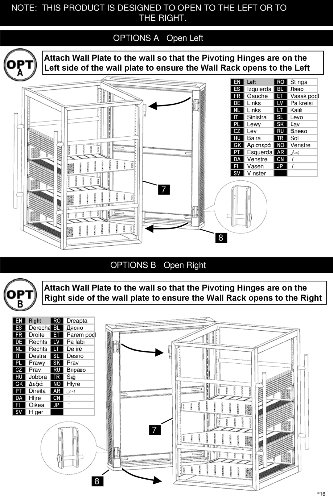 Omnimount RSW, 10135 instruction manual Options a Open Left, Options B Open Right 