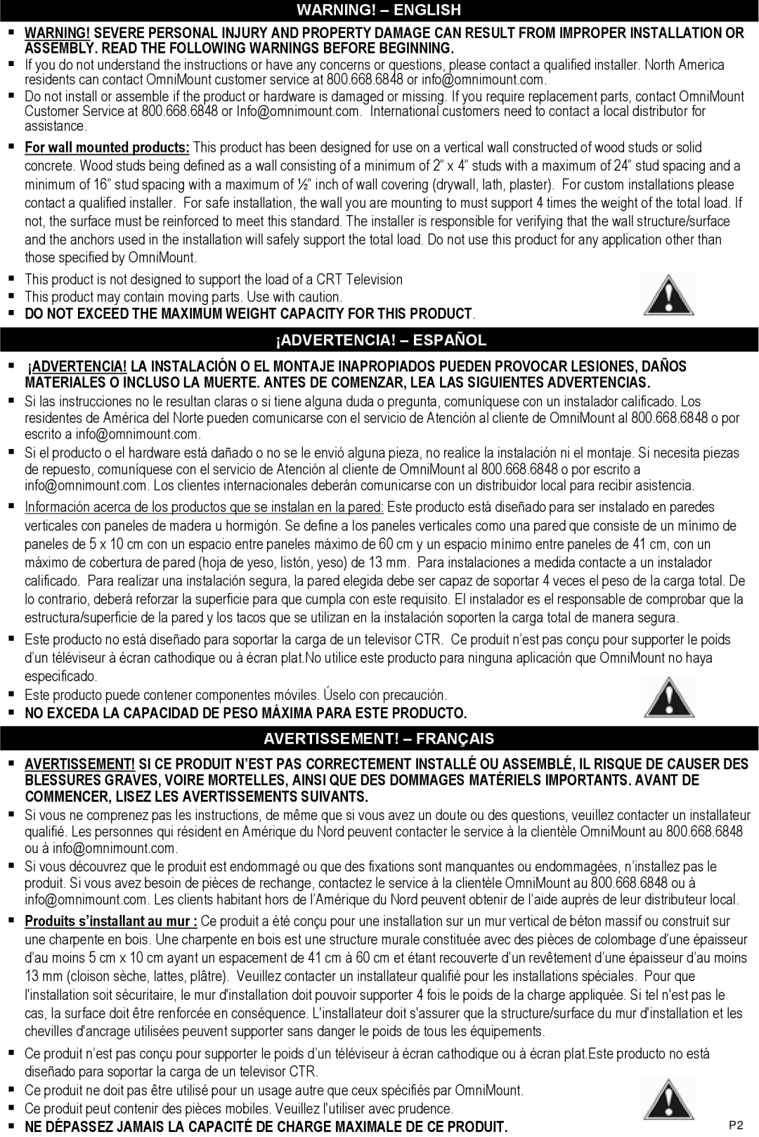 Omnimount RSW, 10135 instruction manual ¡ADVERTENCIA! Español 