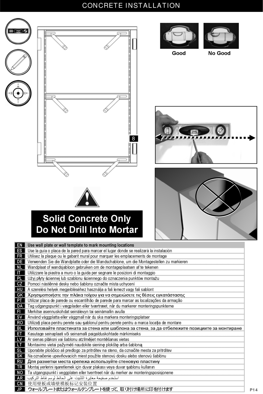 Omnimount RSW, 10135 instruction manual Solid Concrete Only, Concrete Installation, Do Not Drill Into Mortar 