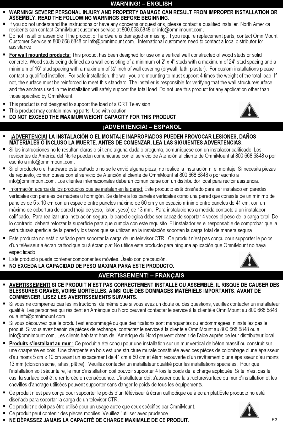 Omnimount RSW, 10135 instruction manual Warning! - English, ¡Advertencia! - Español, Avertissement! - Français 