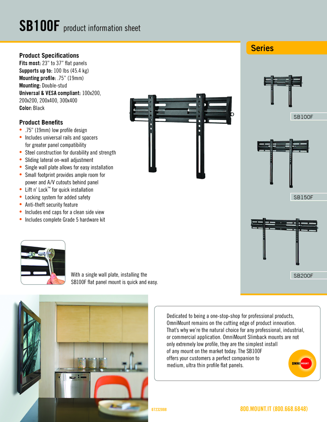 Omnimount manual SB100F product information sheet, Series, Product Specifications, Product Benefits 