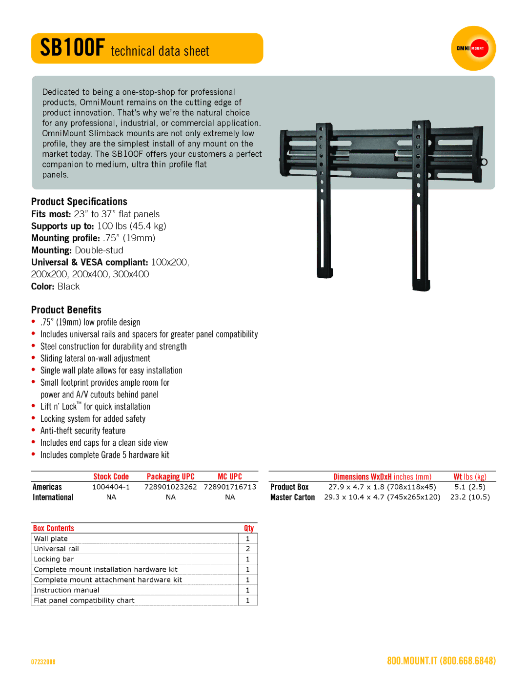 Omnimount manual SB100F technical data sheet 