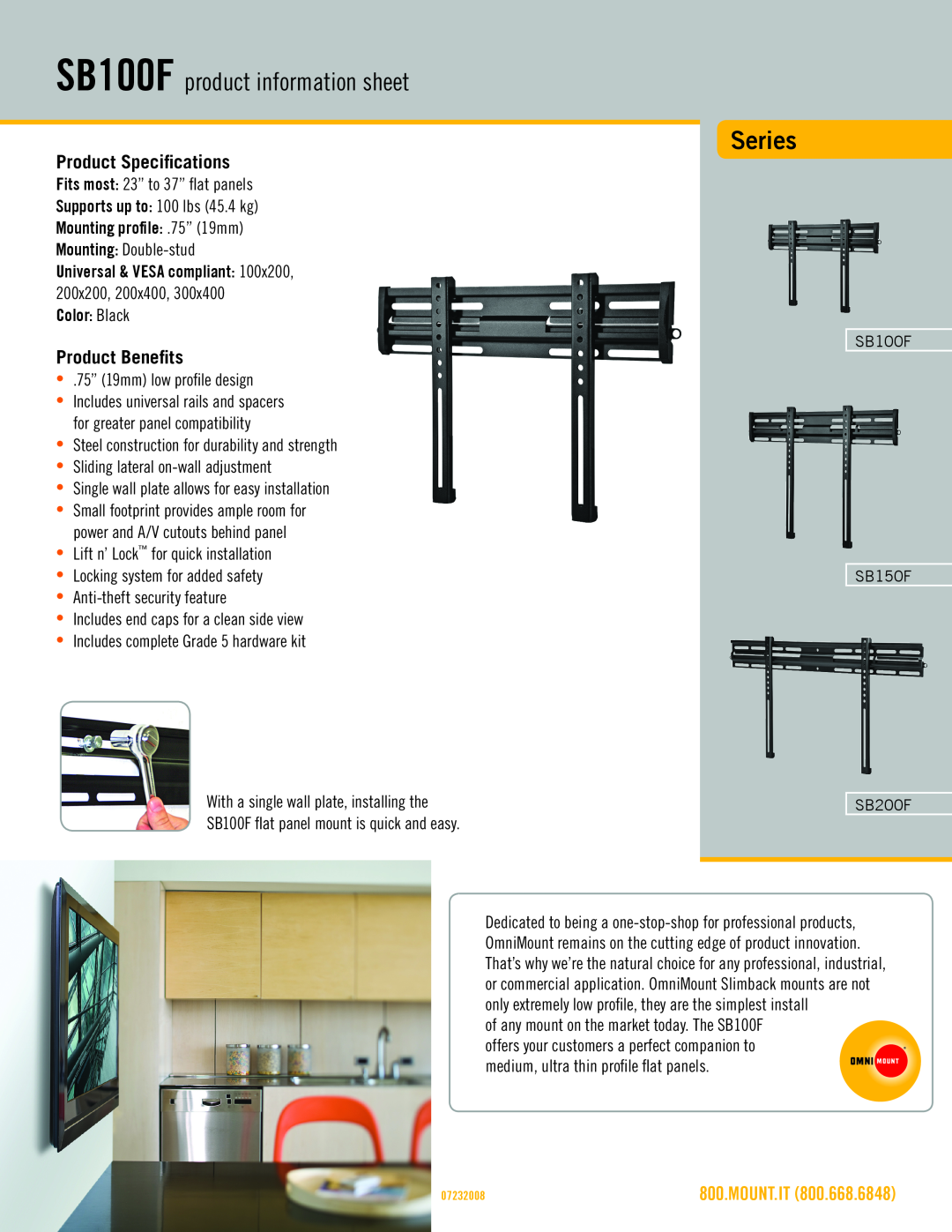 Omnimount manual SB100F product information sheet, Product Specifications, Product Benefits, Mounting profile .75” 19mm 