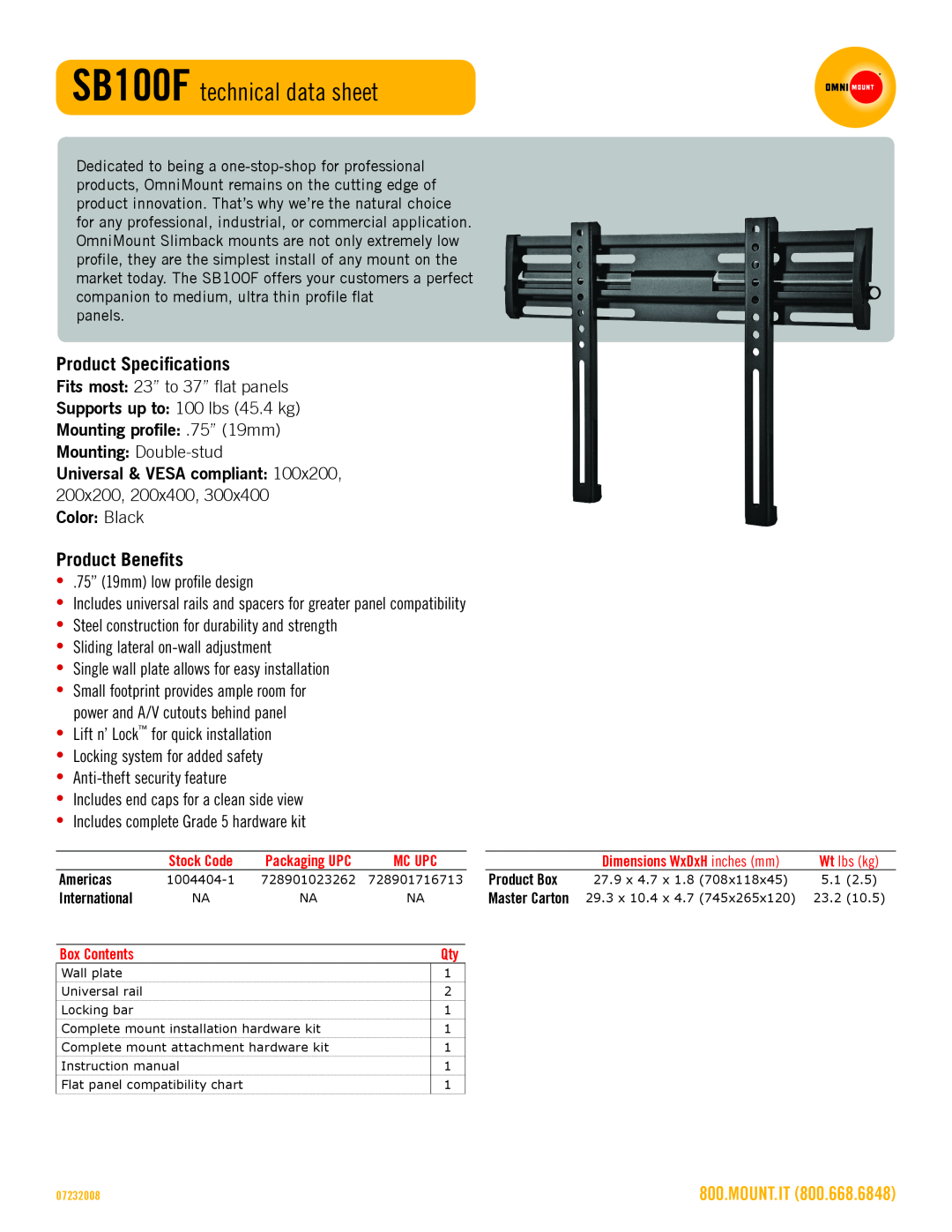 Omnimount manual SB100F technical data sheet, Product Specifications, Product Benefits, Mounting profile .75” 19mm 