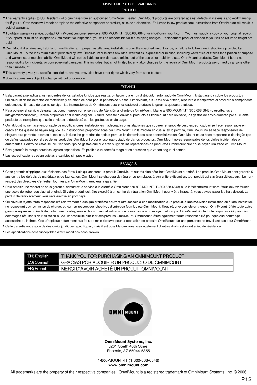 Omnimount SB2R, 10081 instruction manual Thank YOU for Purchasing AN Omnimount Product 