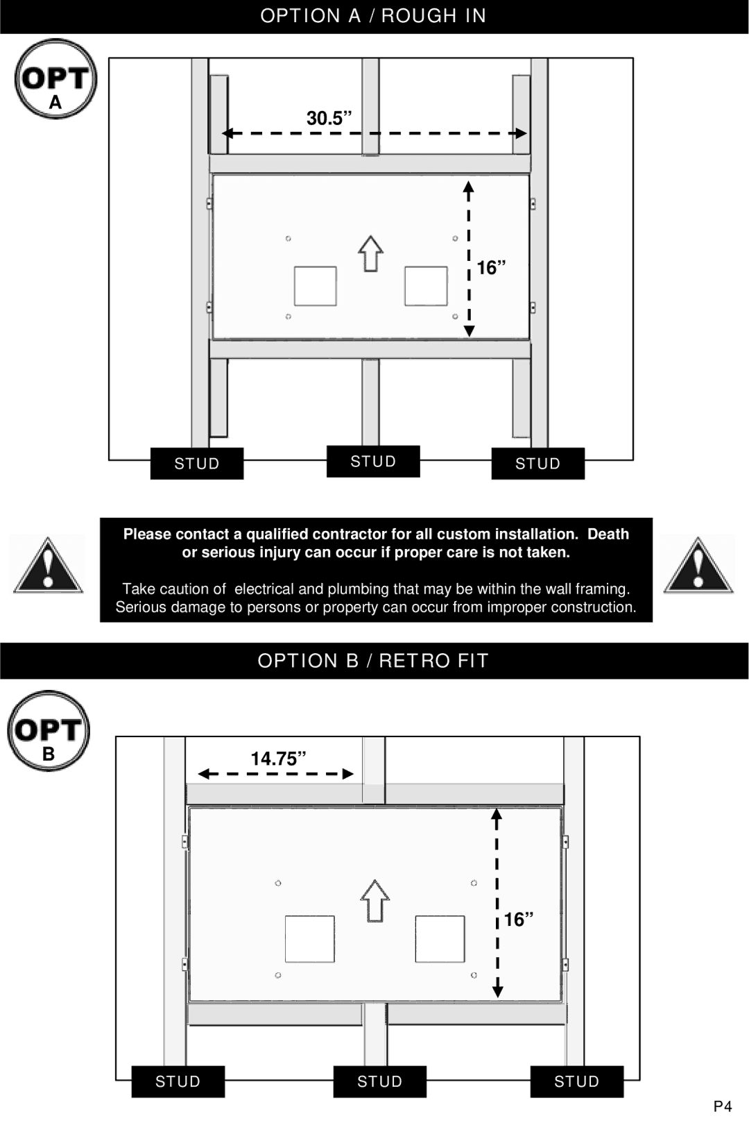 Omnimount SB2R, 10081 instruction manual Option a / Rough, 30.5, Option B / Retro FIT, 14.75 