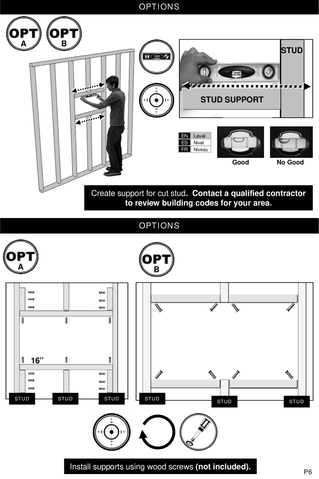 Omnimount SB2R, 10081 instruction manual Stud Stud Support 