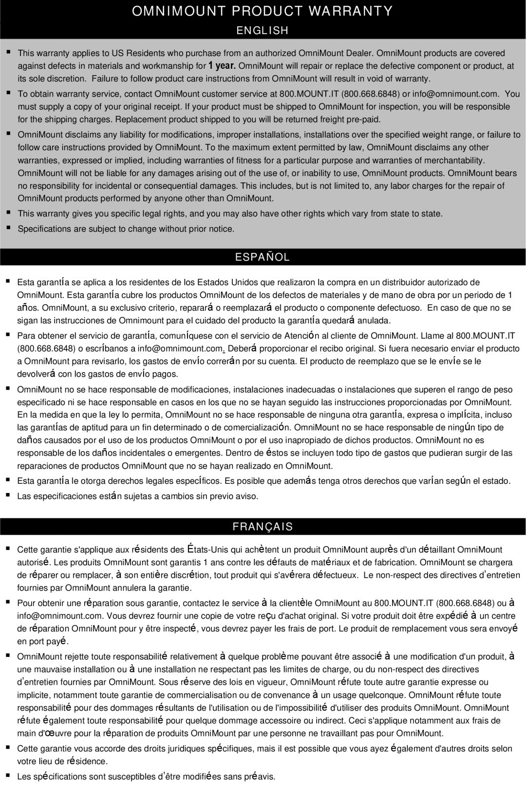 Omnimount Silhouette 48 instruction manual Omnimount Product Warranty 