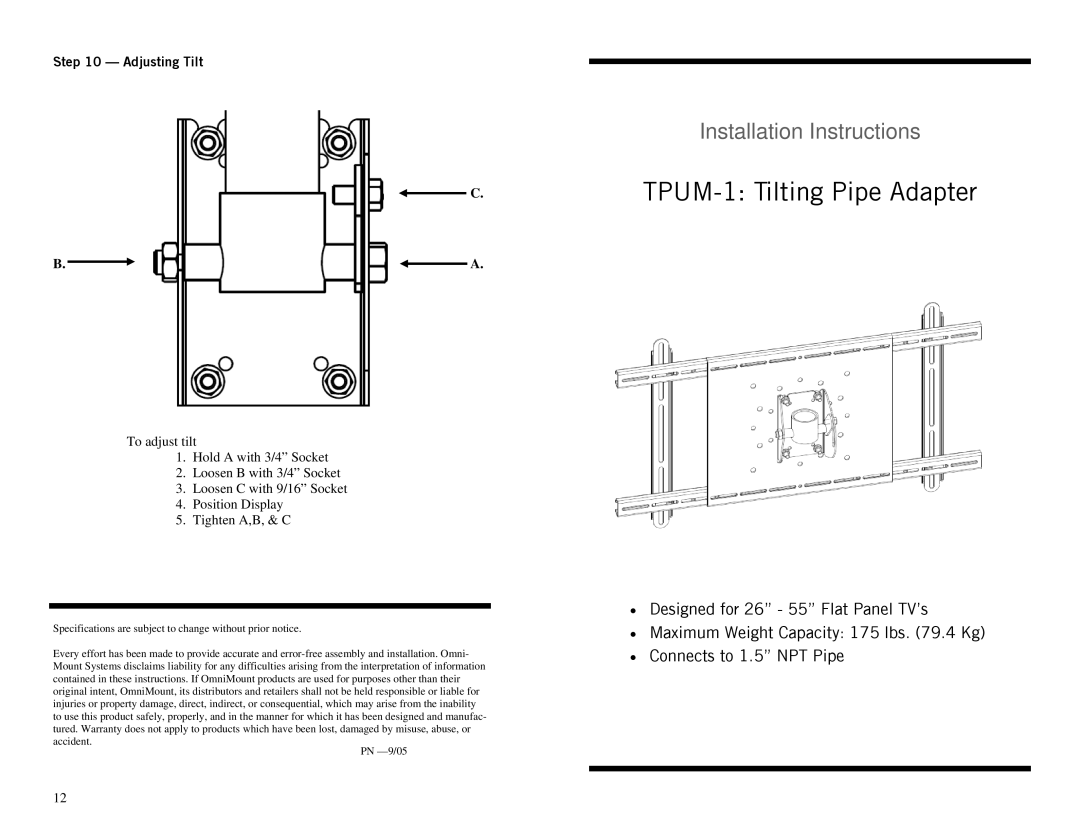 Omnimount TILT-PA installation instructions TPUM-1 Tilting Pipe Adapter, Adjusting Tilt 