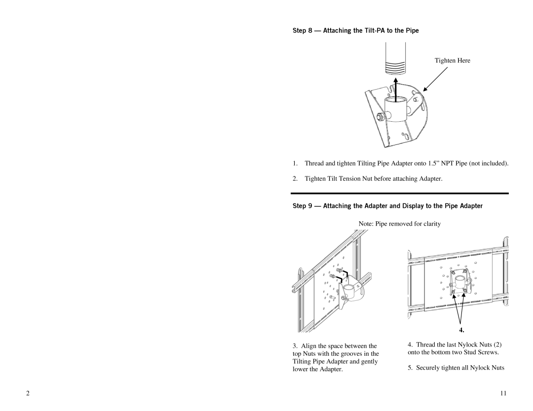 Omnimount TILT-PA Attaching the Tilt-PA to the Pipe, Attaching the Adapter and Display to the Pipe Adapter 