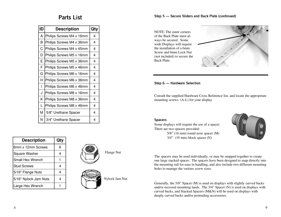 Omnimount TILT-PA installation instructions Secure Sliders and Back Plate Hardware Selection, Spacers 