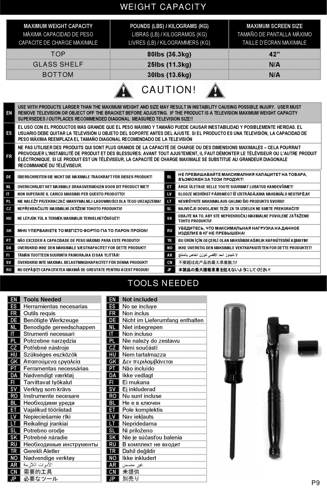 Omnimount TORINO36 manual Weight Capacity, Tools Needed 