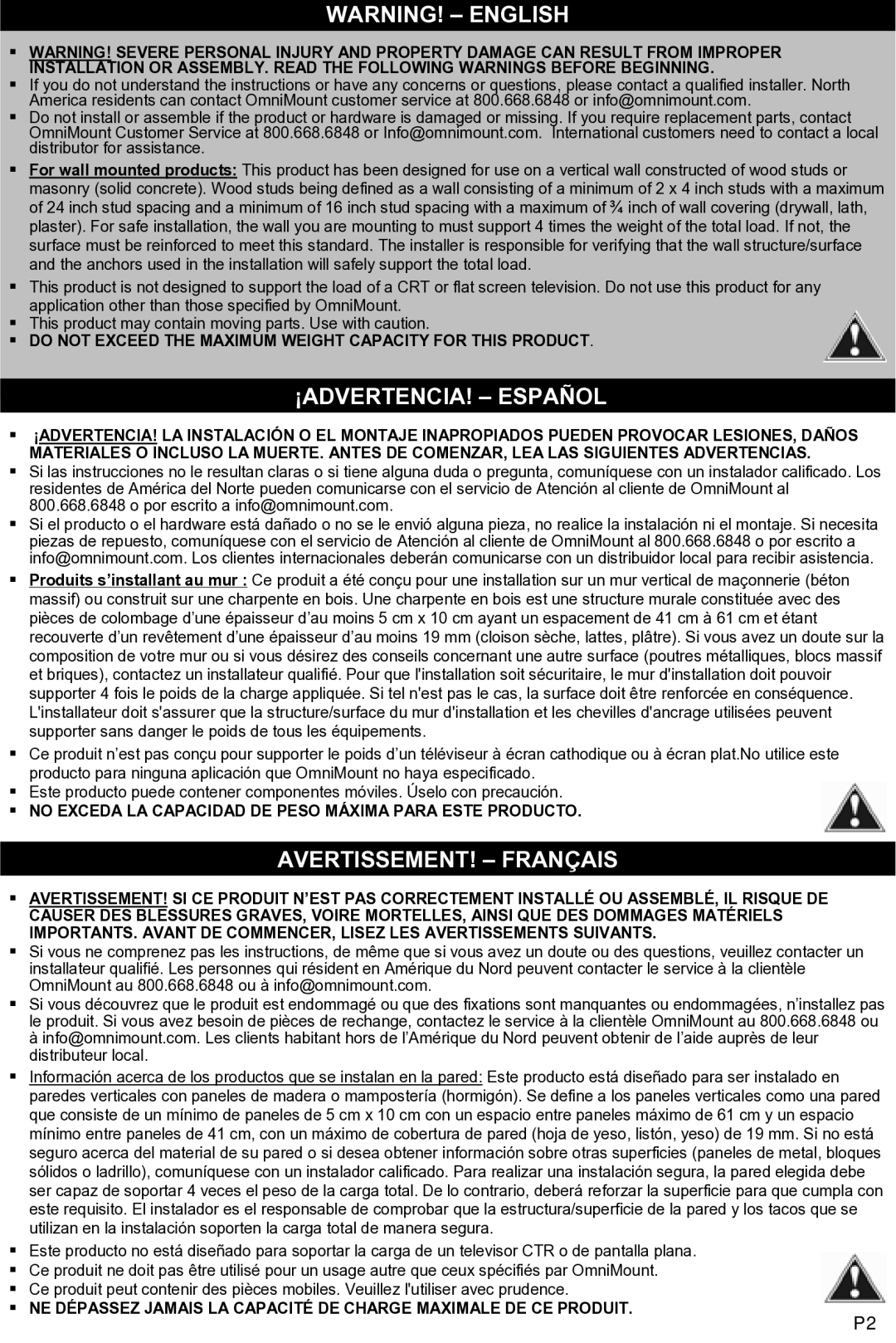 Omnimount Tria 1, OM10327 manual ¡ADVERTENCIA! Español, AVERTISSEMENT! Français 