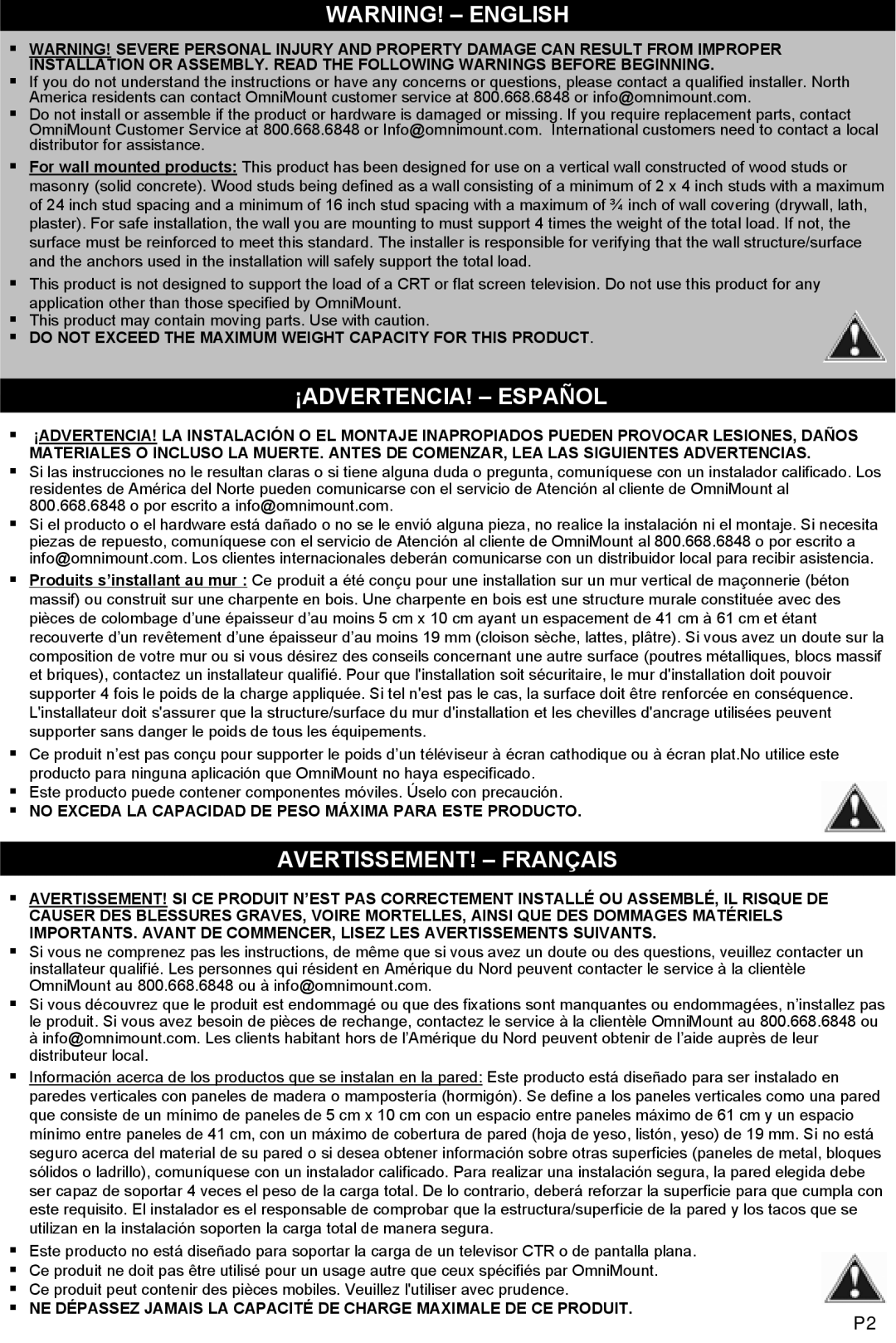 Omnimount Tria 2 instruction manual Warning! - English, ¡Advertencia! - Español, Avertissement! - Français 