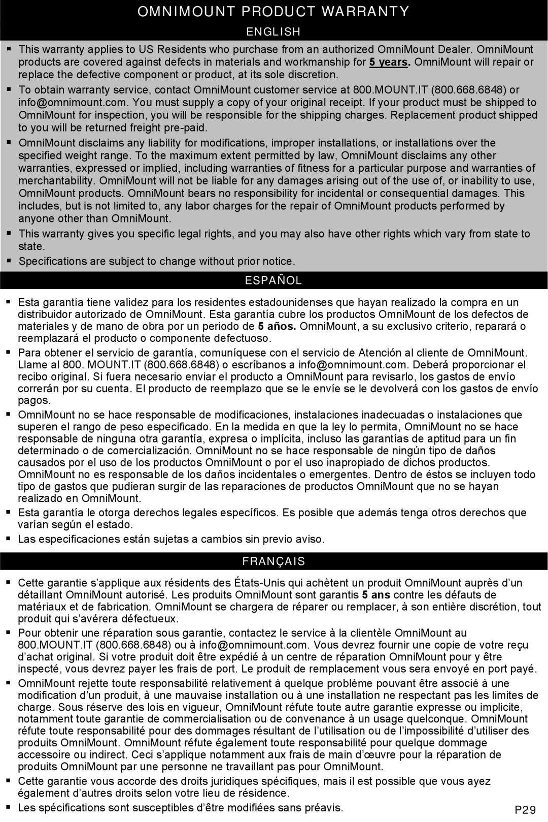Omnimount Tria 2 instruction manual Omnimount Product Warranty, English, Español, Français 