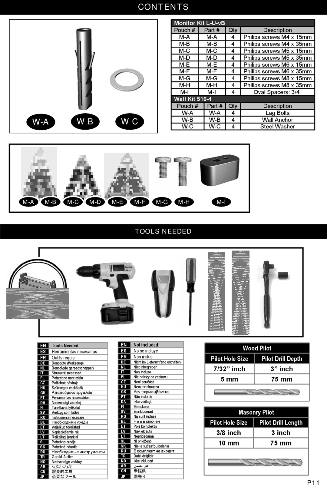 Omnimount OM10044, U2-F manual Contents W-B W-C 