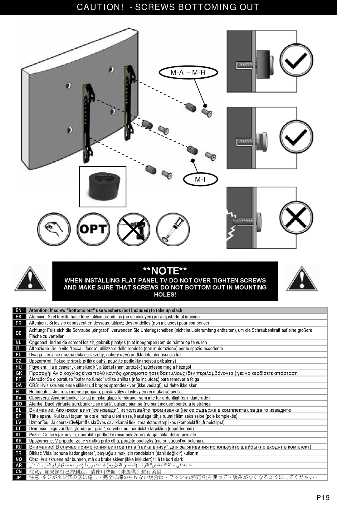 Omnimount OM10044, U2-F manual Caution! - Screws Bottoming Out, M-A - M-H M-I 