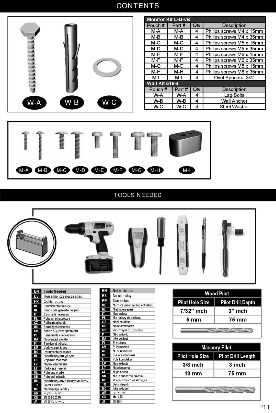 Omnimount OM10045, U2-T manual Contents W-B W-C 