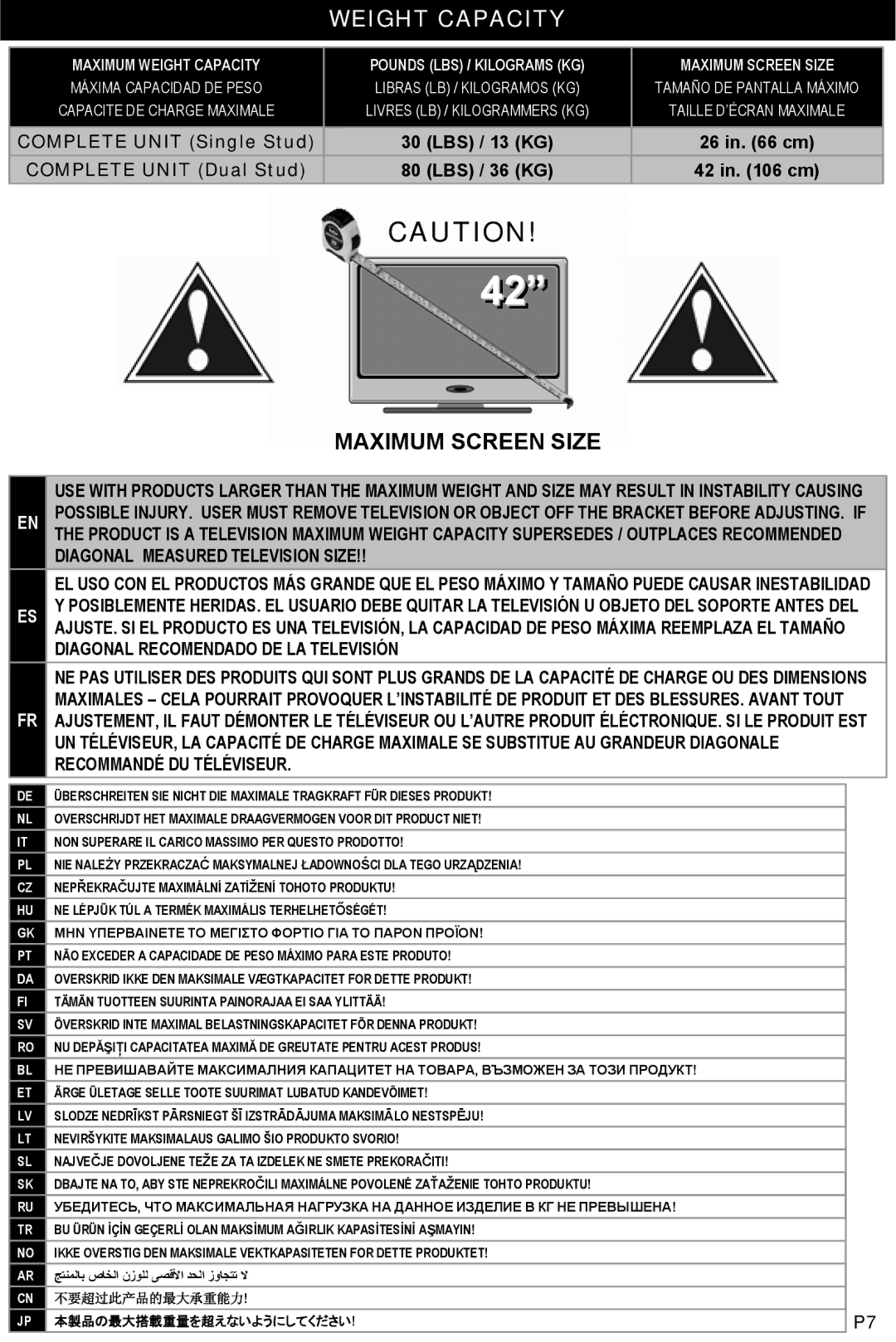 Omnimount OM10045, U2-T manual Weight Capacity, Maximum Screen Size 