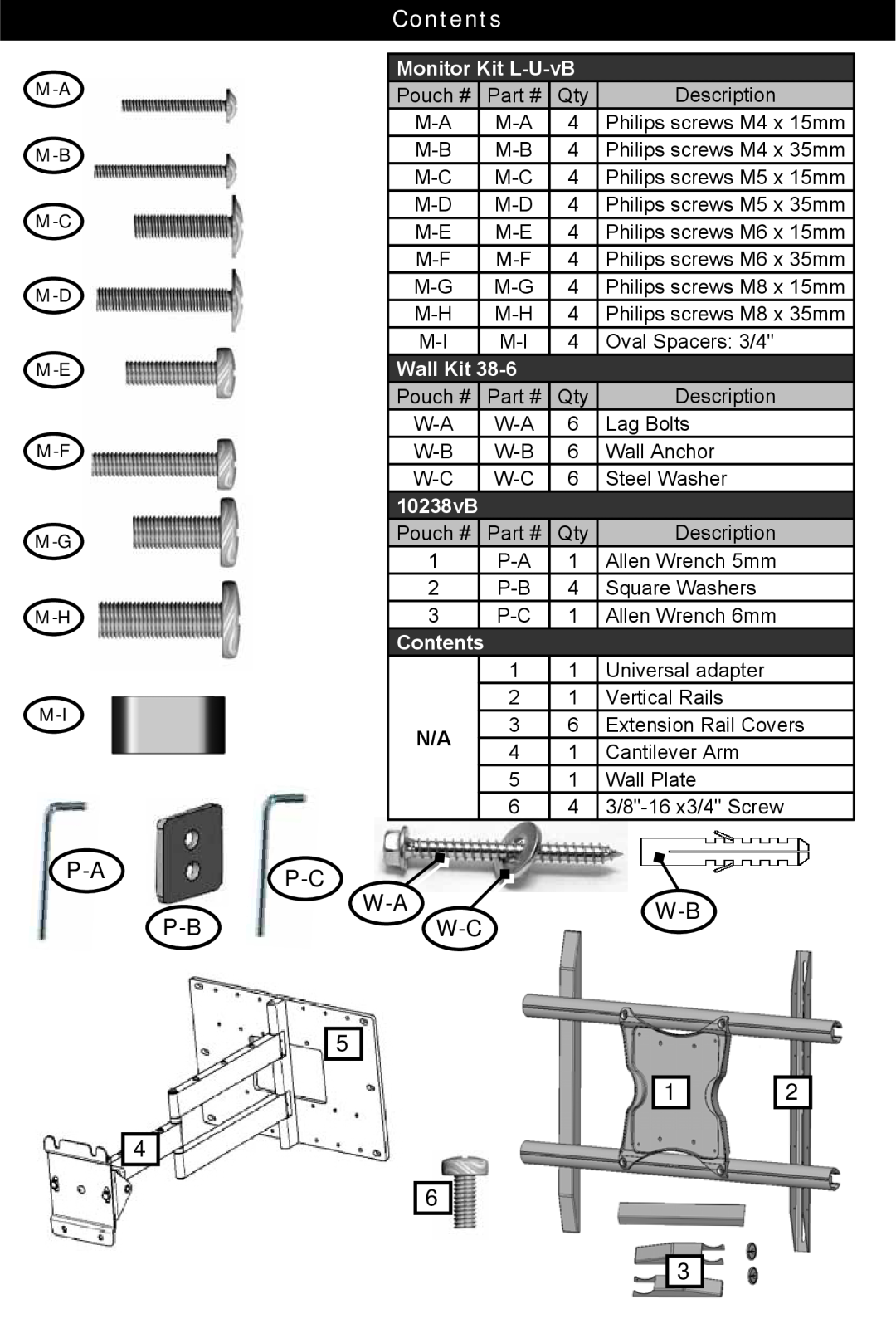 Omnimount UCL-4 manual Contents, P-A P-B, Monitor Kit L-U-vB, Wall Kit, 10238vB 