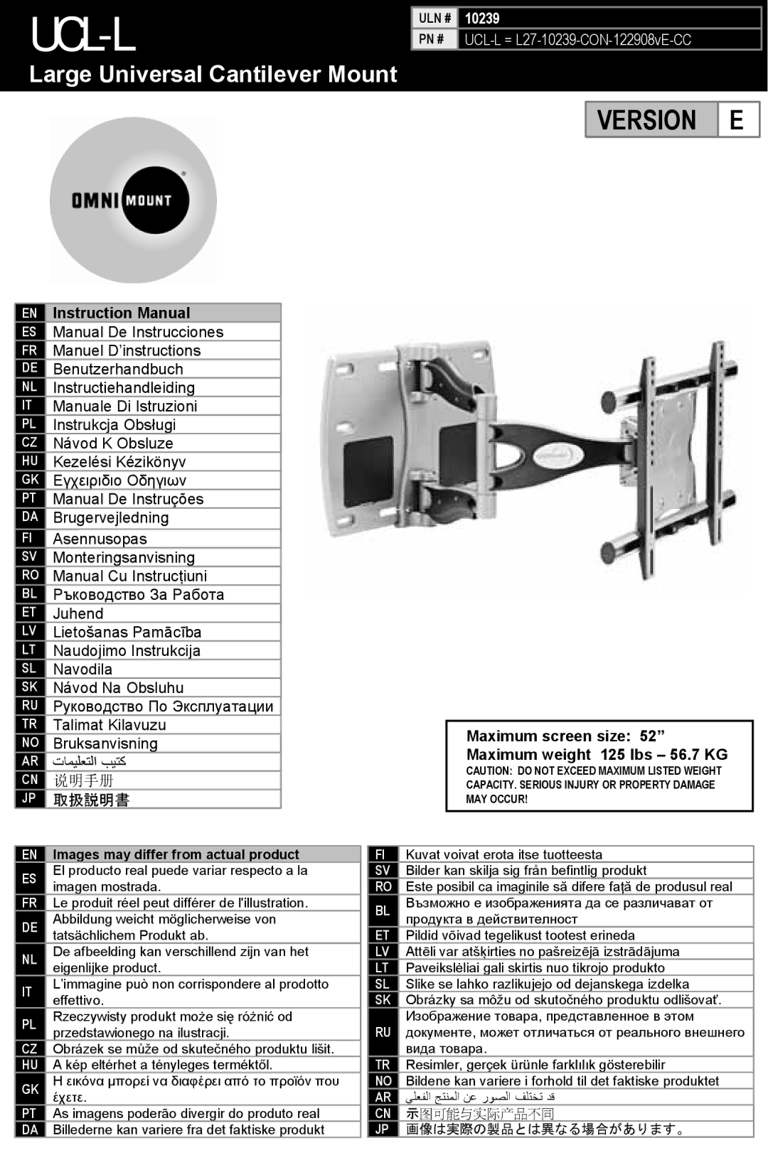 Omnimount 10239, UCL-L manual Maximum screen size, Maximum weight 125 lbs 56.7 KG 