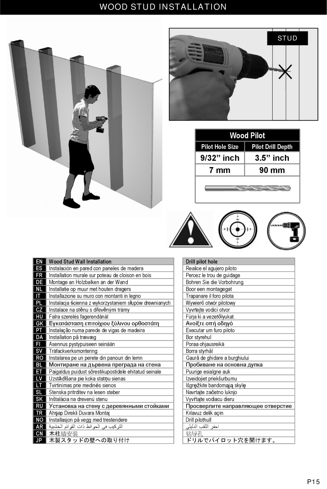 Omnimount 10239, UCL-L manual P15, Wood Stud Wall Installation, Drill pilot hole 