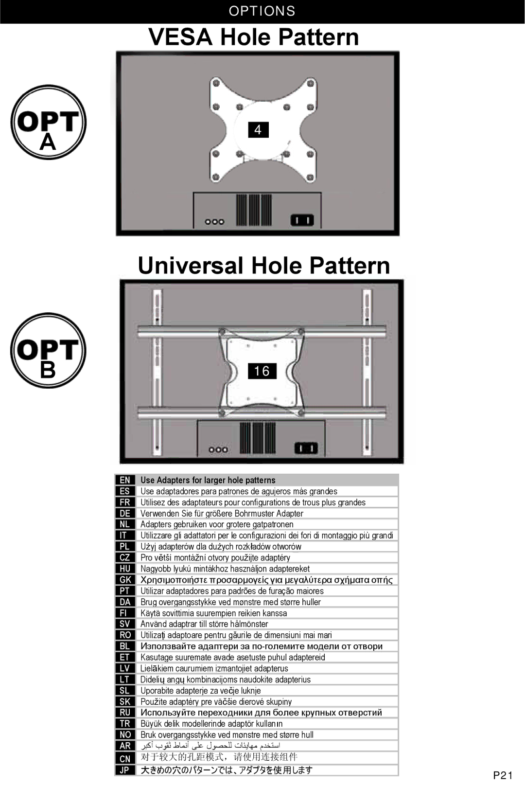 Omnimount 10239, UCL-L manual Options, P21, Use Adapters for larger hole patterns 