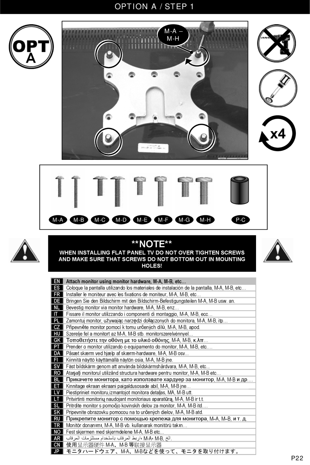 Omnimount UCL-L, 10239 manual Option a / Step, P22, Attach monitor using monitor hardware, M-A, M-B, etc… 