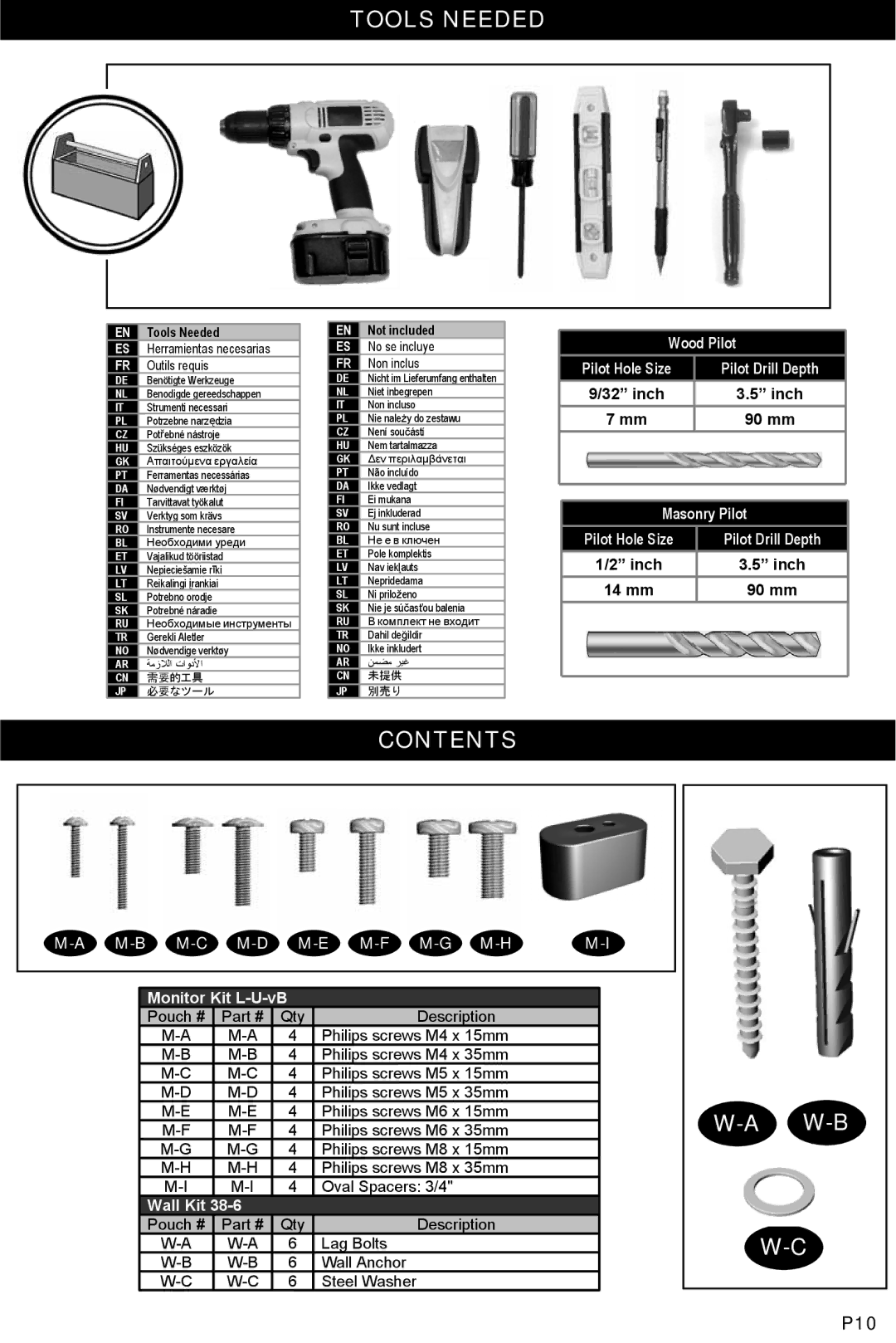 Omnimount UCL-X, 10040 manual Tools Needed, Contents, W-B 