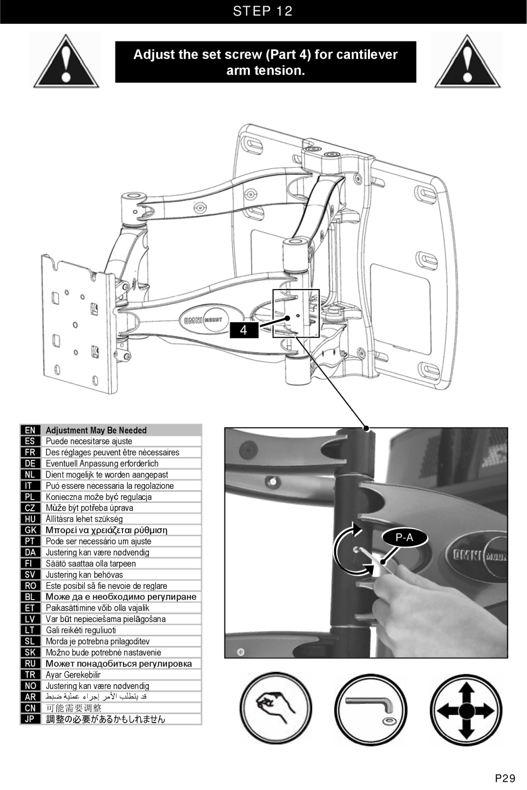 Omnimount 10040, UCL-X manual Adjust the set screw Part 4 for cantilever Arm tension, Adjustment May Be Needed 