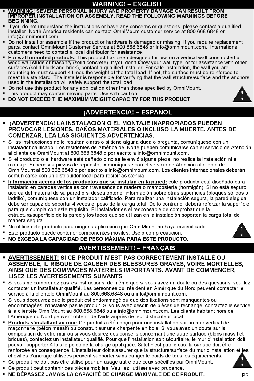 Omnimount UL10021ULN, MWFS instruction manual Warning! - English, ¡Advertencia! - Español, Avertissement! - Français 